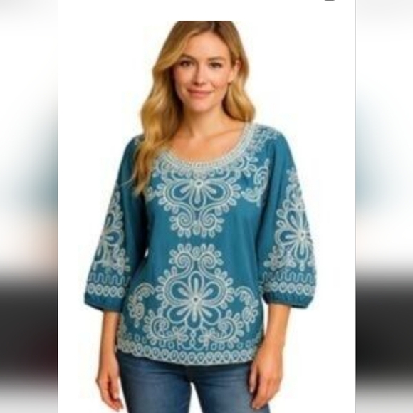 Solitaire Tops - #260. Solitaire Teal Scoop-Neck Embroidered Blouse